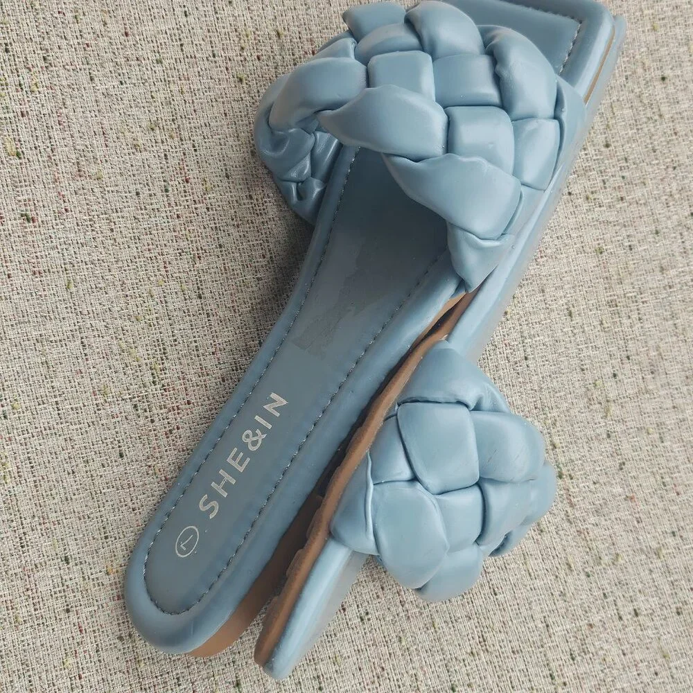 SHE&IN Women's Flat Braided Strap Slipper Blue Faux Leather Sandal Shoe Size 7 - Picture 6 of 9